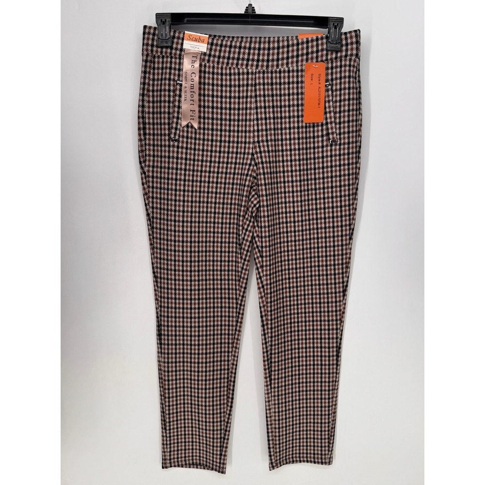 R. Sofia Scuba Pants Women Large Brown NWT Houndstooth Comfort Fit Tapered Leg